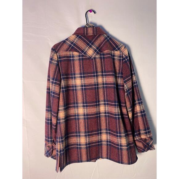 Vintage Burgundy Navy Cream Plaid Button Up Peacoat Jacket Women's Medium - Picture 2 of 2